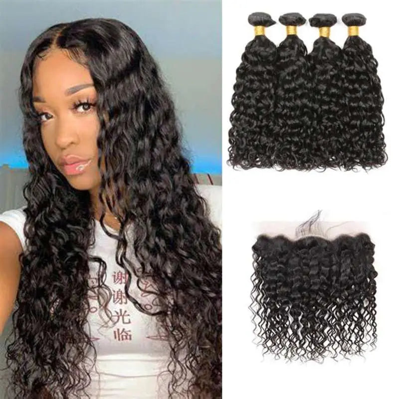 Natural Black 4 Bundles Water Wave Brazilian Virgin Hair With 13*4 Lace Frontal - Doaburu Hair