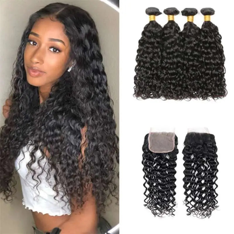 Natural Black 4 Bundles Water Wave Brazilian Virgin Hair With 4*4 Lace Closure - Doaburu Hair