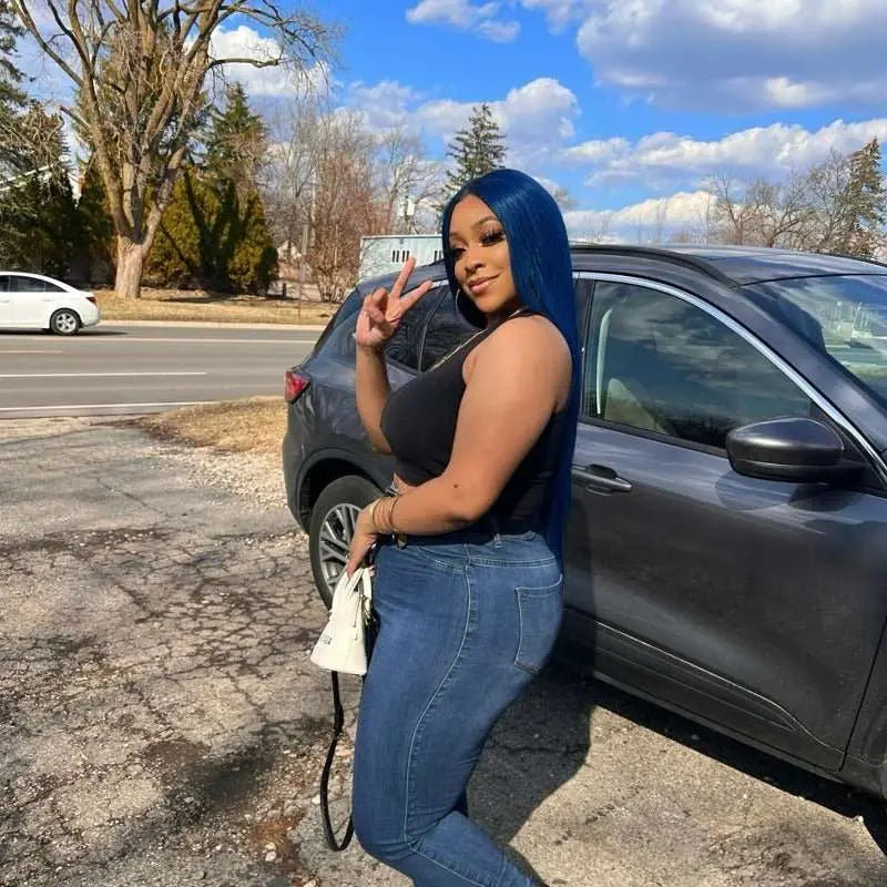 Navy Blue/Sky Light Blue Color 13*4 Lace Frontal Wigs All Texture - Doaburu Hair