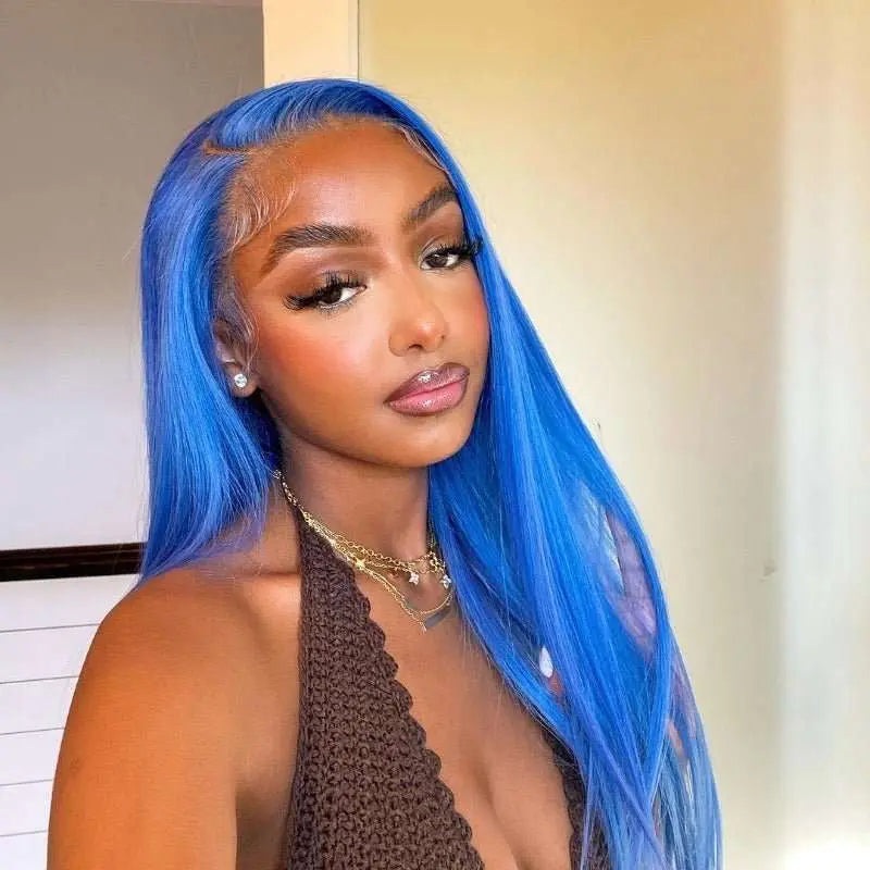 Navy Blue/Sky Light Blue Color 13*4 Lace Frontal Wigs All Texture - Doaburu Hair