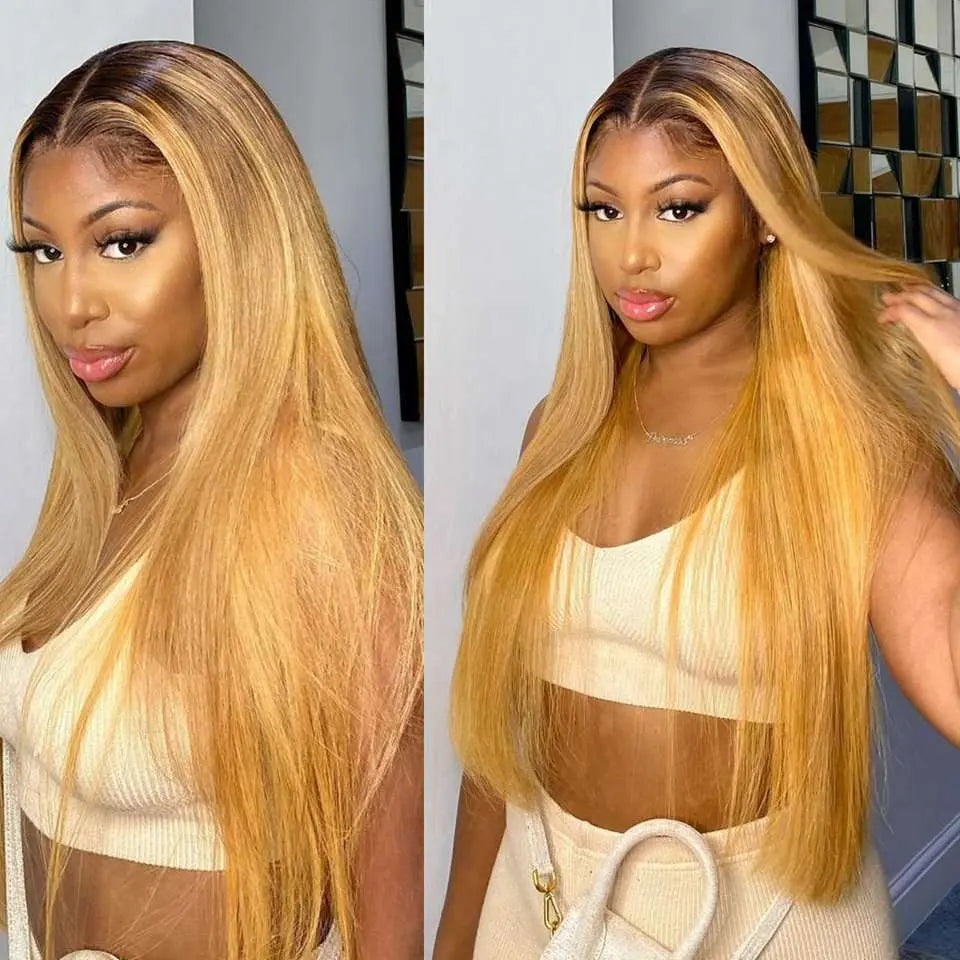 Ombre #1B/27 Honey Blonde Color Silky Straight 13*4 Lace Frontal Wig - Doaburu Hair