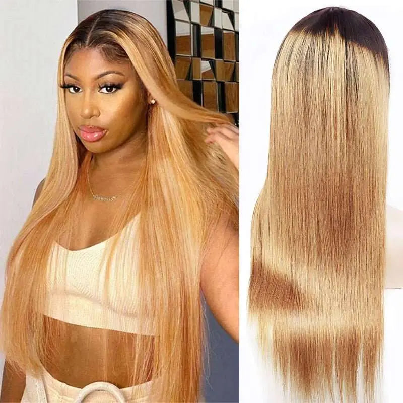 Ombre #1B/27 Honey Blonde Color Silky Straight 13*4 Lace Frontal Wig - Doaburu Hair