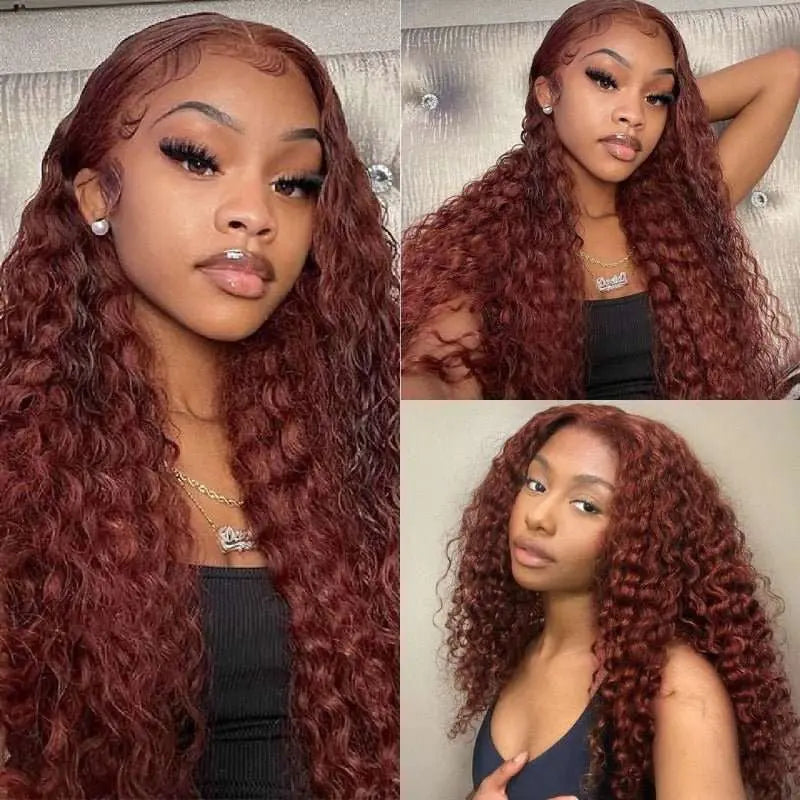 Reddish Brown Color Deep Curly Wave 4x4 13x4 Lace Front Wigs - Doaburu Hair