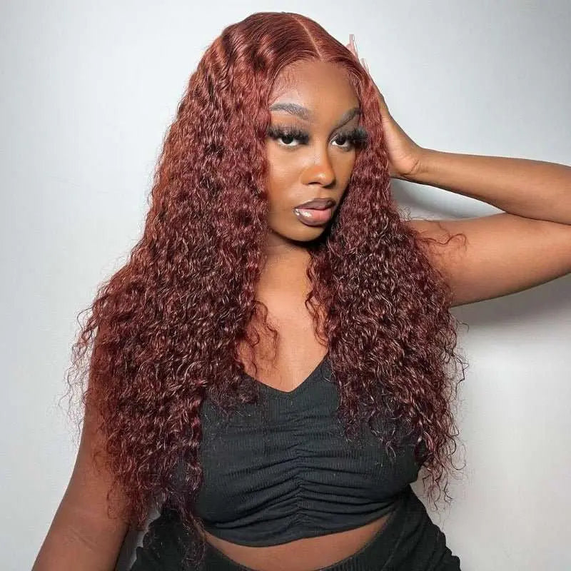 Reddish Brown Hair Color Water Curly Wave 4x4 13x4 Lace Frontal Wigs - Doaburu Hair