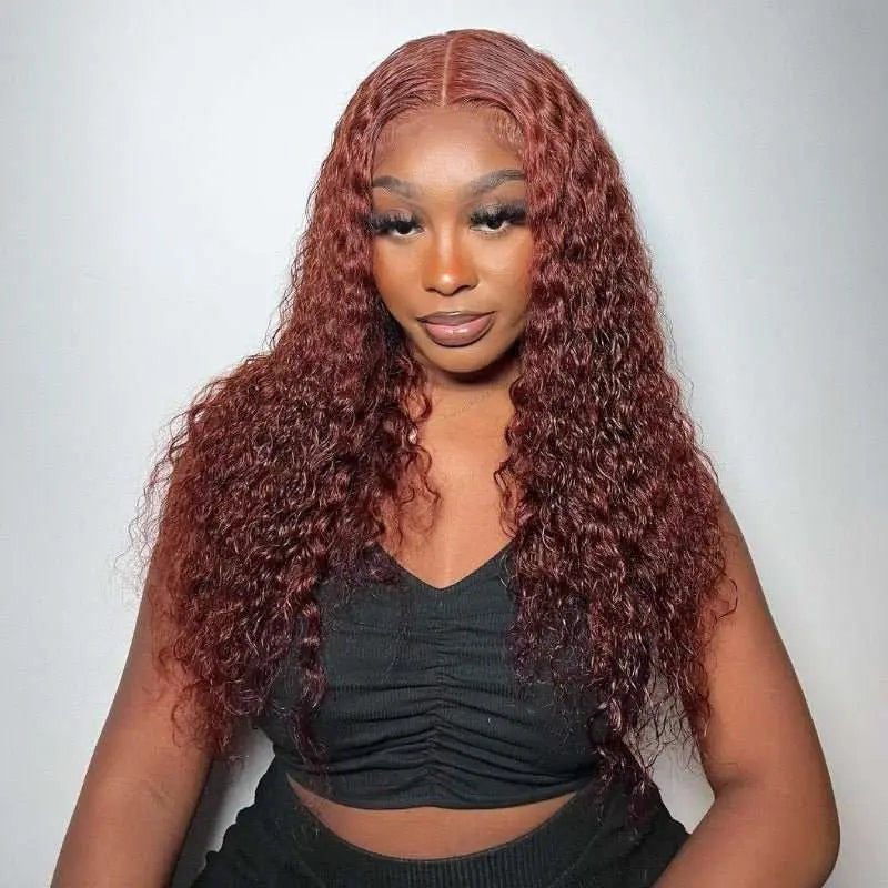 Reddish Brown Hair Color Water Curly Wave 4x4 13x4 Lace Frontal Wigs - Doaburu Hair