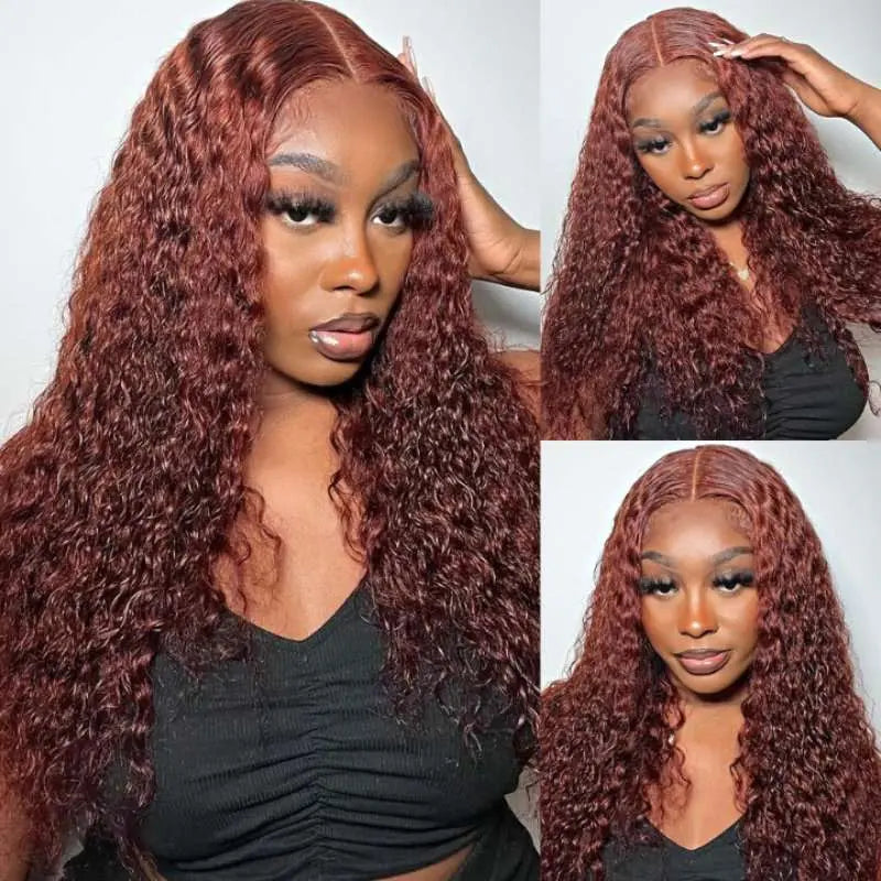 Reddish Brown Hair Color Water Curly Wave 4x4 13x4 Lace Frontal Wigs - Doaburu Hair