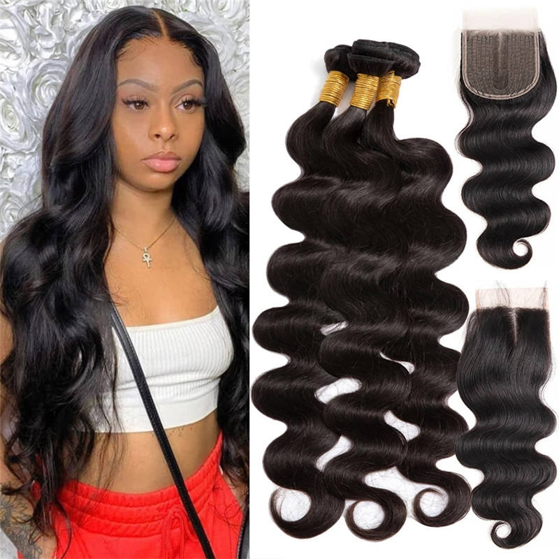 Natural Black 3 Bundles Body Wave Wave Brazilian Virgin Hair With 4*4 Lace Closure - Doaburu Hair