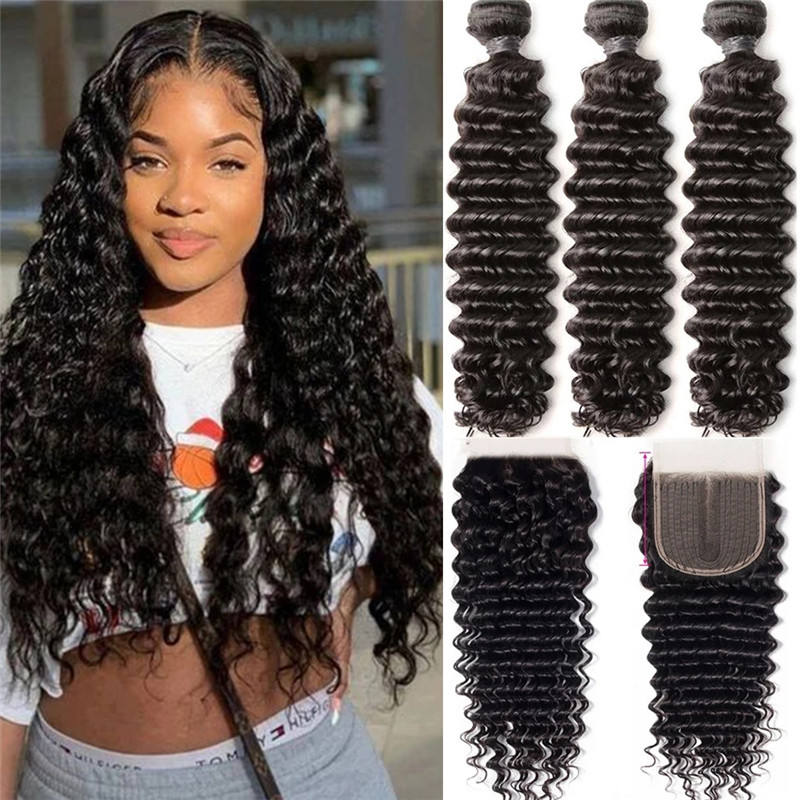 Natural Black 3 Bundles Deep Wave Brazilian Virgin Hair With 4*4 Lace Closure - Doaburu Hair