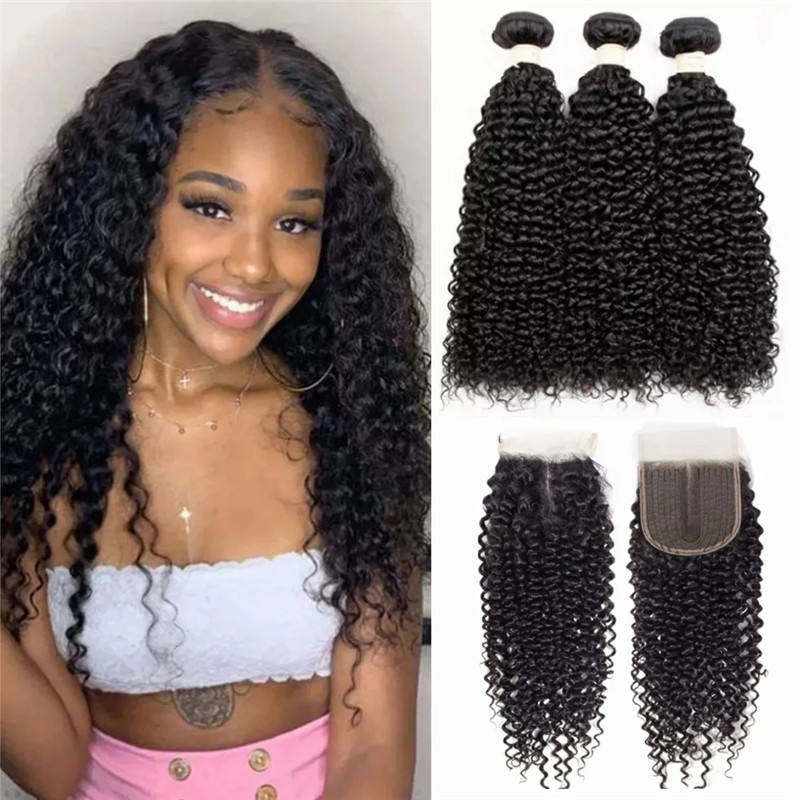 Natural Black 3 Bundles Kinky Curly Brazilian Virgin Hair With 4*4 Lace Closure - Doaburu Hair