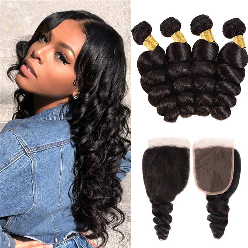 Natural Black 4 Bundles Loose Wave Brazilian Virgin Hair With 4*4 Lace Closure - Doaburu Hair