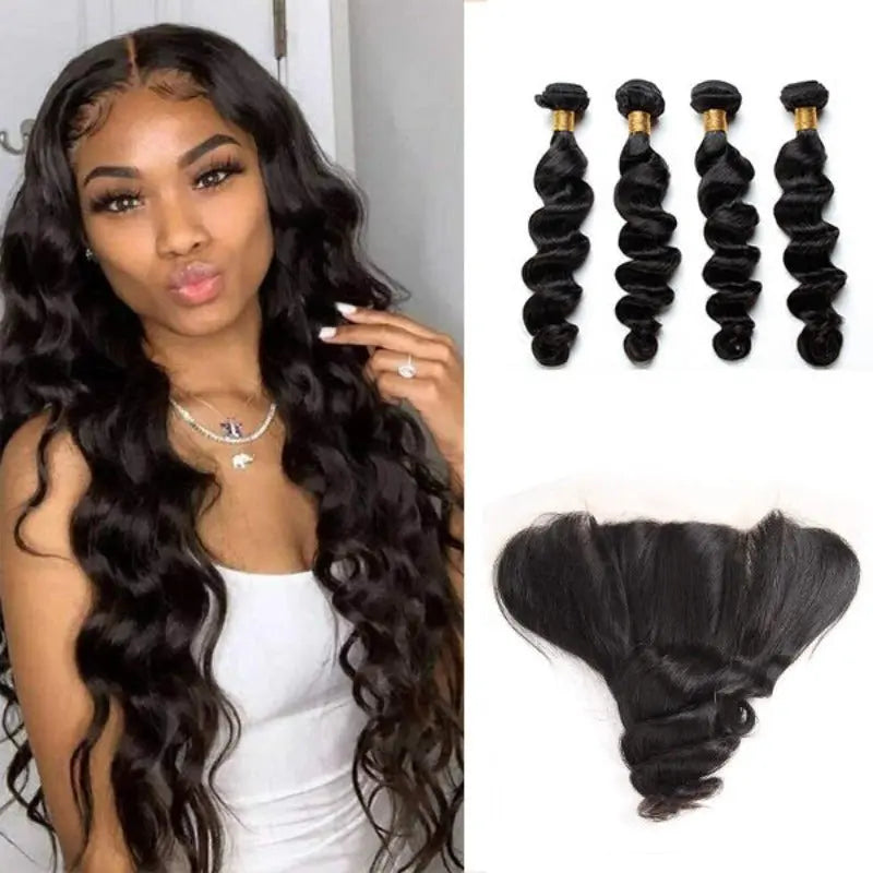 Remy Hair Natural Black 4 Bundles Loose Wave Brazilian Virgin Hair With 13*4 Lace Frontal - Doaburu Hair