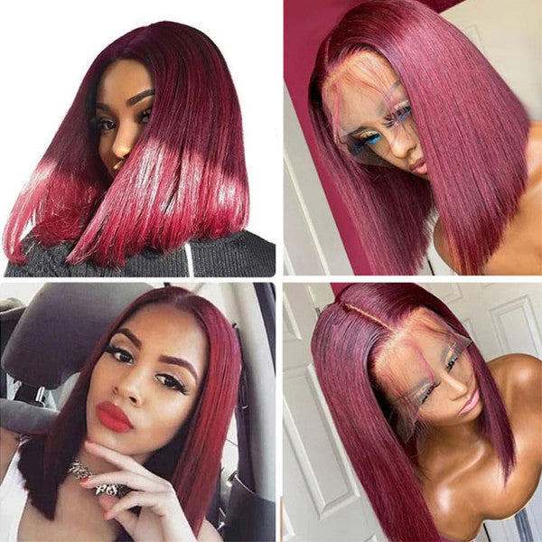 Shoulder Length Burgundy Red Bob Middle Part Wig Lace Frontal Wig - Doaburu Hair