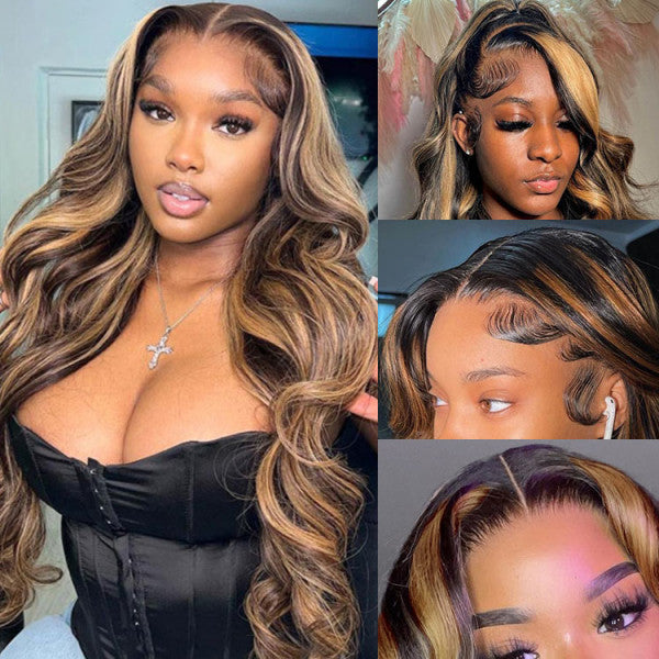 Honey Blonde Body Wave Highlights Mix Color Human Hair Lace Frontal Wigs - Doaburu Hair