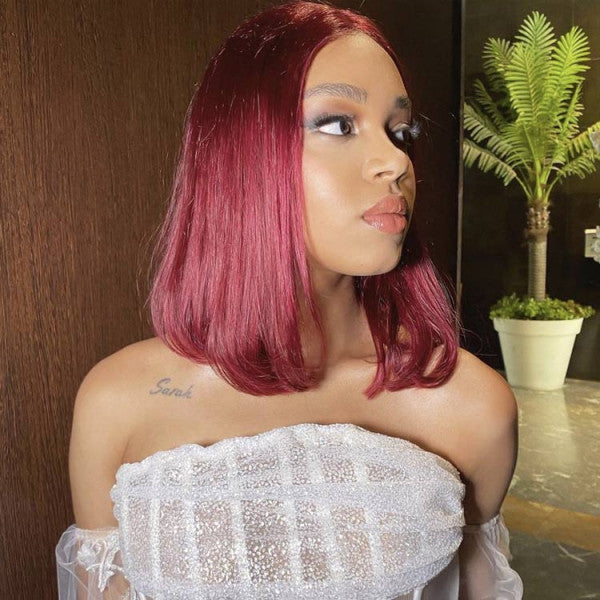 Shoulder Length Burgundy Red Bob Middle Part Wig Lace Frontal Wig - Doaburu Hair
