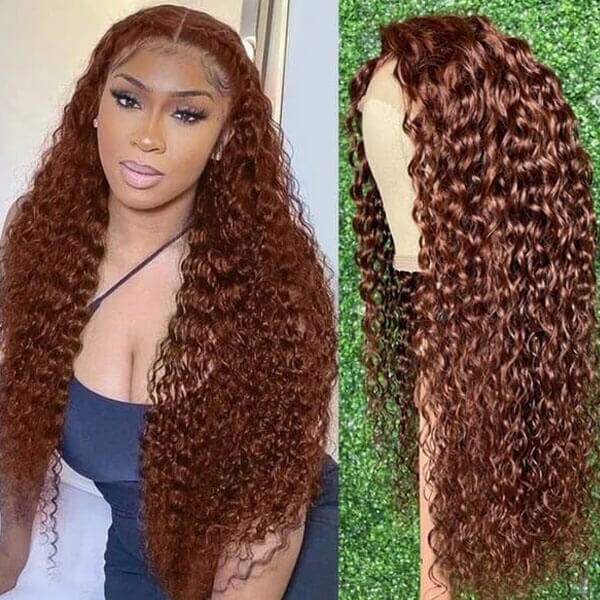 Reddish Brown Hair Color Water Curly Wave 4x4 13x4 Lace Frontal Wigs - Doaburu Hair