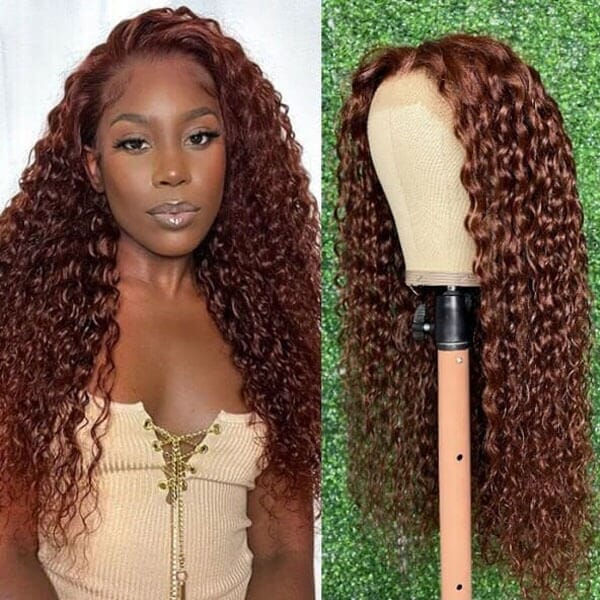 Reddish Brown Hair Color Water Curly Wave 4x4 13x4 Lace Frontal Wigs - Doaburu Hair